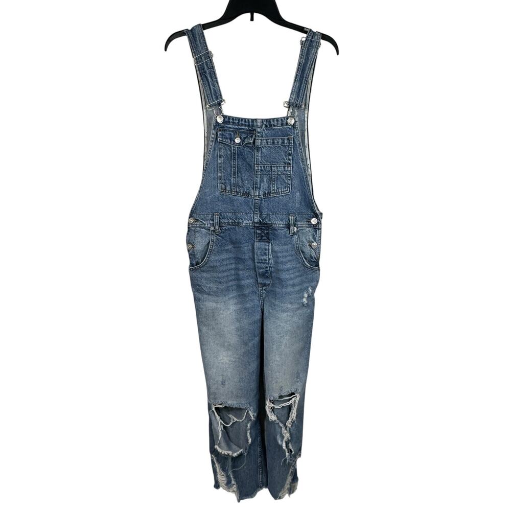 Free People We the Free SZ 26 Cropped Denim Jean Overalls Pockets Distressed